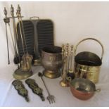 Various brass and copper inc coal bucket, fireside companion set, fireguard etc