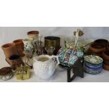 Miscellaneous ceramics, teak bowls, brass jardiniere etc.