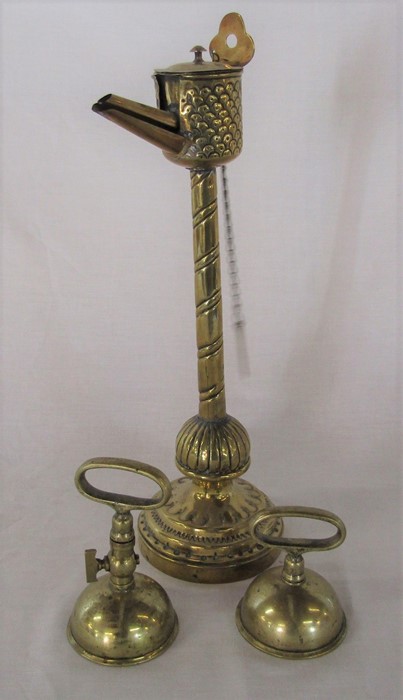 19th century brass oil lamp filler on stand & Victorian brass Magdeburg hemispheres with oval loop