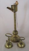 19th century brass oil lamp filler on stand & Victorian brass Magdeburg hemispheres with oval loop