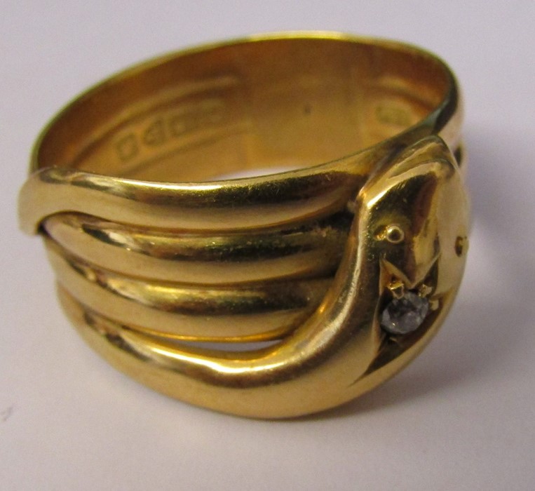 18ct gold snake ring with diamond accent Chester 1917 makers JHW weight 9.7 g size X/Y - Image 2 of 6