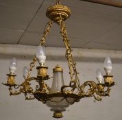 1920/30's 6 branch glass & cast metal chandelier with 22 inch drop & extensions to 39 inch