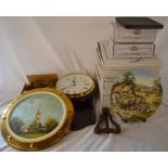 Boxed collectors plates, plate easels, painted plaque of St James Church, wall cloak & plate