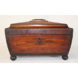 Large 19th century mahogany and rosewood sarcophagus shaped tea caddy (empty interior)