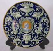 19th century maiolica circular plate, decorated with central portrait cartouche on a cobalt blue