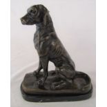 Bronze figure of a seated dog on a marble base  L 21 cm H 25.5 cm