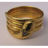 18ct gold snake ring with diamond accent Chester 1917 makers JHW weight 9.7 g size X/Y