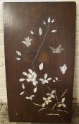 Japanese wooden panel with carved bone & abalone / mother of pearl inlay depicting bird and magnolia