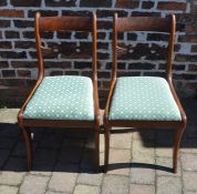 Pair of William IV mahogany dining chairs with carved and pierced bar back, drop seats on sabre