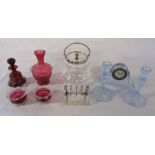 Selection of glass ware inc silver plated biscuit barrel, clock and candlesticks, cranberry glass