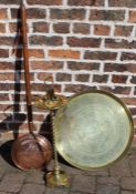 Copper warming pan, brass smoking stand & large brass tray / table top