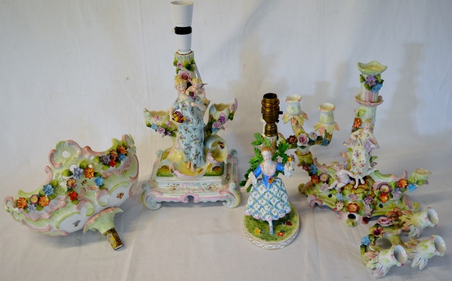 Early 20th century porcelain figural centre piece converted to a lamp, 6 branch candelabra & a lamp.