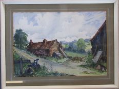 Framed pen and ink drawing of a homestead signed lower right corner by the artist dated 1960 66 cm x