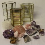 3 miniature glass display cabinets (1 damaged) & selection of crystals