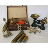 Small suitcase containing brassware, set of scales & weights, cigarette case etc.