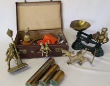 Small suitcase containing brassware, set of scales & weights, cigarette case etc.