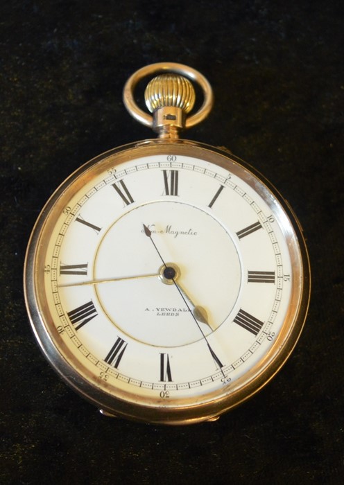 Open face 9ct gold pocket watch A Yewdall Leeds (Chester 1912), case diameter 5.5 cm, total weight