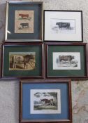 Selection of framed cattle engravings inc The Envious Frog and Ox, A Long Horned Cow & An