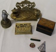 Brass ink stand, stamp box, Anchor cotton box, Kingfisher car mascot, Army Ordnance badge etc