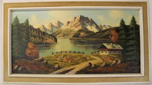 Large oil on canvas depicting an Alpine landscape 63.5cm x 112.5cm