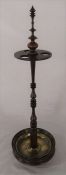 Early 19th century mahogany treen church warden pipe stand, turned column and finial, dished base