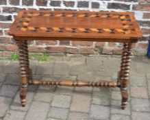 19th century occasional table with parquetry top and bobbin turned supports (a turned drop