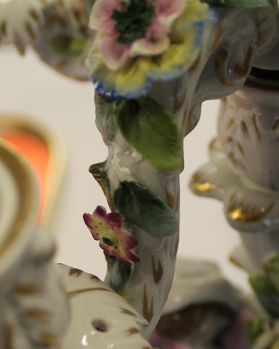 Pair of Meissen style porcelain candelabra, some damage including chips & restoration, one candle - Image 10 of 17
