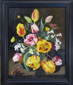 Framed Dutch style oil on wood panel still life of flowers and butterflies, monogrammed, in the