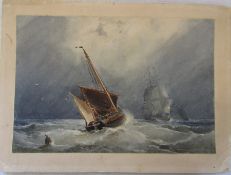 19th century watercolour of ships on rough seas by Captain H W Henry RN, initialled, unframed 24.5