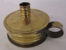 Georgian brass tinder box with loop handle, drum case and removable lid with candlestick 16 cm