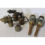 Selection of brassware including 2 blowlamps, 2 coach lamps & Lucas acetyphone carbide lamp