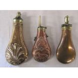 3 19th century copper and brass powder flasks inc James Dixon & Son and Hawksley