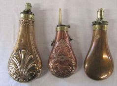 3 19th century copper and brass powder flasks inc James Dixon & Son and Hawksley