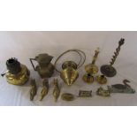 Selection of brassware inc candlesticks and horse coat hangers