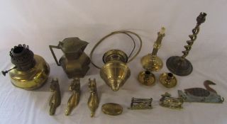 Selection of brassware inc candlesticks and horse coat hangers