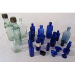 Various glass bottles inc blue poison and cod bottles, J Willatt & Co Nottingham, E Batty