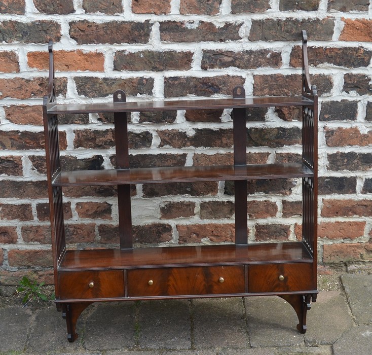 Early 19th century mahogany gothic wall shelf with pierced side panels & 3 drawers H87cm W70cm - Image 2 of 2