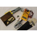 Small box of tools including engineers micrometer, Vernier gauge, multimeter etc.