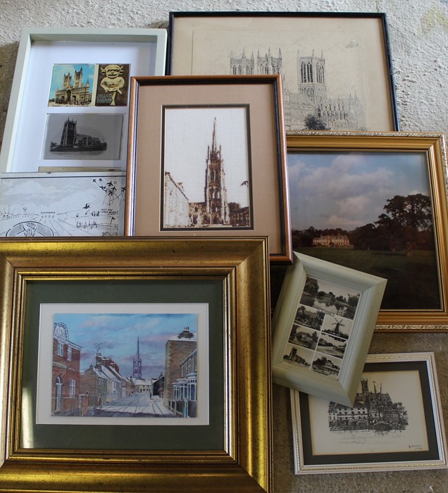 Selection of Lincolnshire interest items including framed Alford postcards, Lincoln cathedral