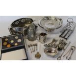 Selection of silver plate including large toast rack, ladies fob watch & 1987 Royal Mint proof