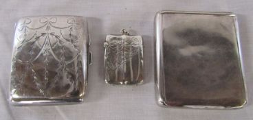 Silver cigarette case Chester 1914 2.55 ozt, tobacco tin Birmingham 1938 3.58 ozt & vesta case