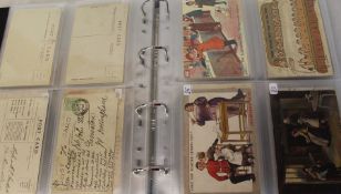 Ring binder containing comic / topographic / political & London postcards (approximately 144)