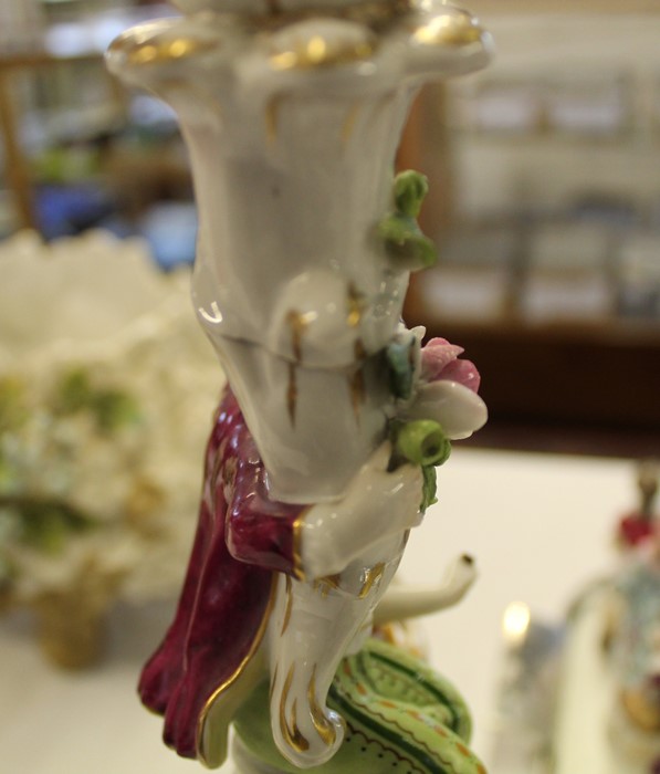 Pair of Meissen style porcelain candelabra, some damage including chips & restoration, one candle - Image 16 of 17
