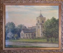 Gilt framed oil on canvas of All Saints Church Waltham by local artist Clive Browne label to verso