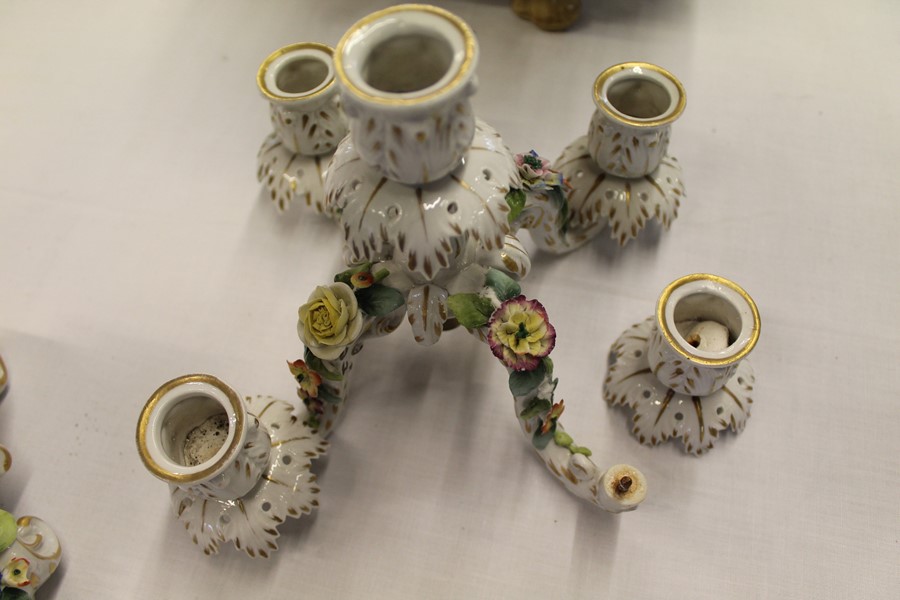 Pair of Meissen style porcelain candelabra, some damage including chips & restoration, one candle - Image 3 of 17