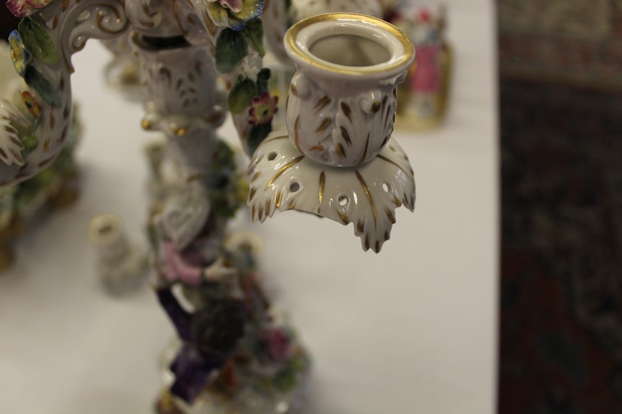 Pair of Meissen style porcelain candelabra, some damage including chips & restoration, one candle - Image 5 of 17