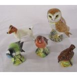 Assorted Beswick animal figures inc owl, jack russell dog and other birds (one bird af)