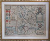 Framed map of Lincolnshire Hondius, 'The Countie and Citie of Lyncolne described with the armes of