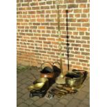 Standard lamp with onyx base & various copper and brass inc scales and coal buckets