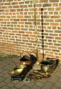Standard lamp with onyx base & various copper and brass inc scales and coal buckets